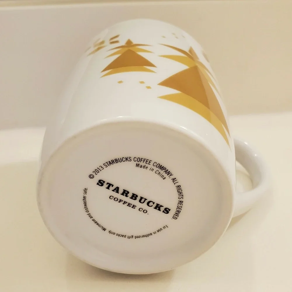 Starbucks 2013 Holiday Mug Coffee Hot Chocolate Cup White Gold Christmas Trees